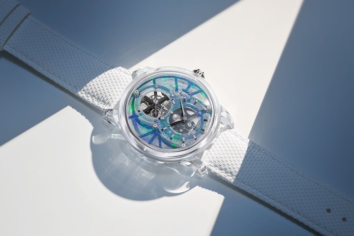 The Tourbillon Skelet Sapphire Opal is a one-off piece, the sapphire crystal case allowing light to flood through the translucid, 0.4mm-thick opal dial.