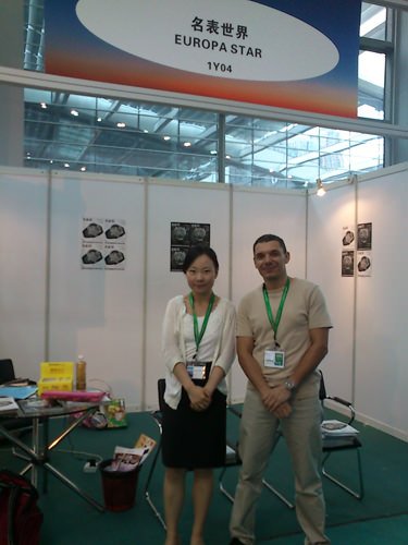 Jiang Hong, left and Jean-Luc Adam representing Europa Star at the Shenzhen Watch Fair