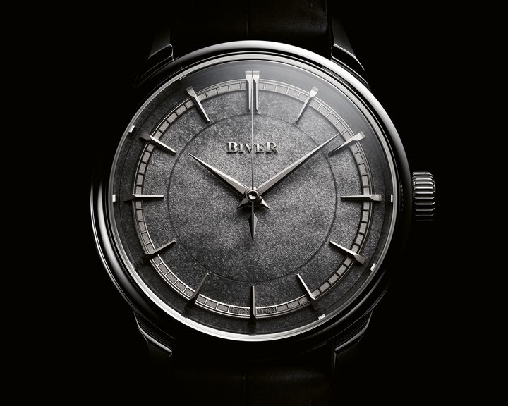 Cased in a 39mm diameter, the Biver Automatique is the brand's first three-hand automatic. This model is in platinum with a black sandblasted obsidian dial.
