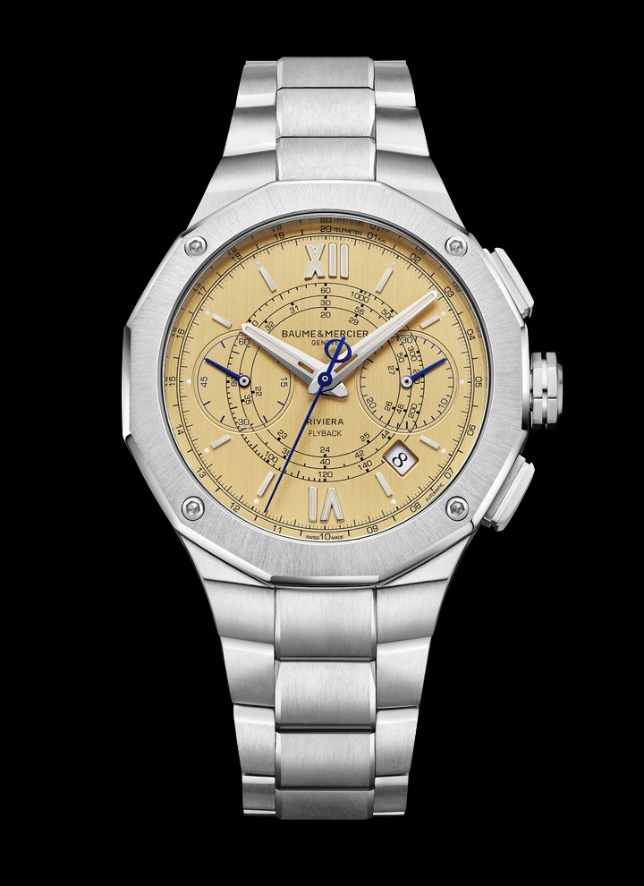 This 41mm flyback chronograph channels a vintage aesthetic in a limited edition of 73, in honour of the year, 1973, the Riviera collection launched. The fine concentric detailing of the chronograph, telemeter and tachymeter subdials is framed by Roman numerals and rhodium-plated indices, with a beige Super-Luminova treatment.
