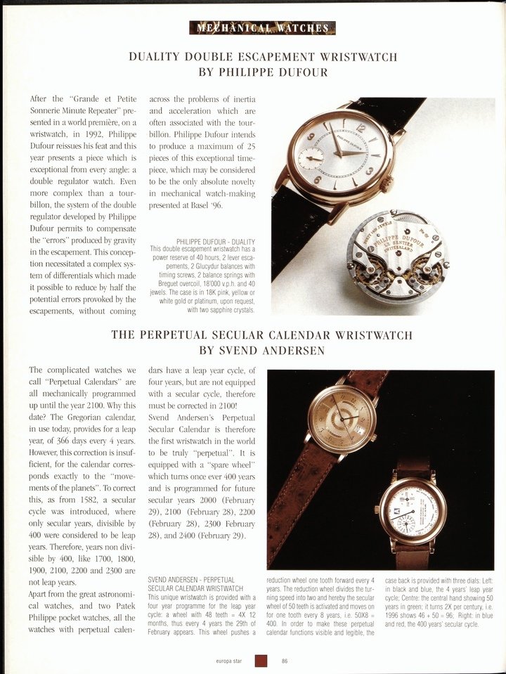 Features on Svend Andersen from Europa Star in the 1990s. Top to bottom: the Perpetual 2000 in platinum, the extra-thin Mundus worldtimer and the secular perpetual calendar.