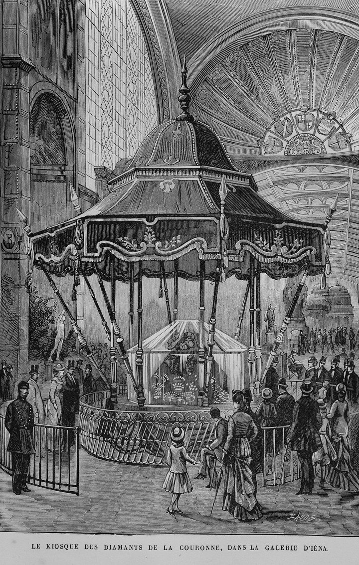 The crown jewels displayed in the Galerie d'Iena during the fair. Exposition universelle de Paris 1878. Tissot Archive.