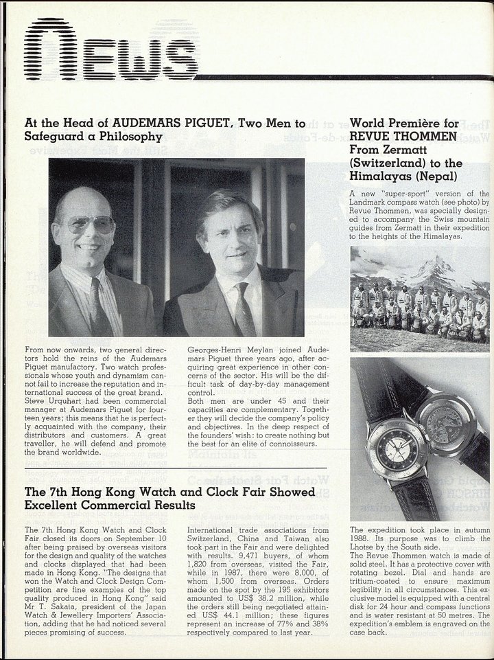 Following the sudden death of Audemars Piguet's legendary director Georges Golay in 1987, Georges-Henri Meylan and Stephen Urquhart took over as co-CEOs of Audemars Piguet, as detailed in this article from Europa Star at the time.