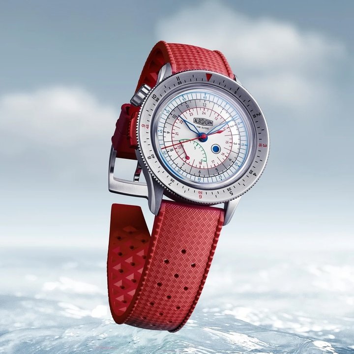 The Maxigraph, Albishorn Watches' inaugural piece, created with William Massena of Massena Lab: an imaginary single-push-button regatta chronograph designed for the 1939 Bol d'Or on Lake Geneva. Sector dial, patented 10-minute retrograde countdown, running indicator at 4 o'clock.