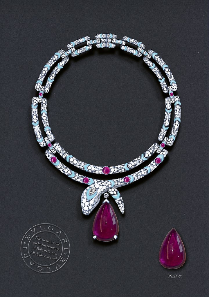 Bvlgari's Serpenti Maharani Secret Necklace, a homage to the queens of India, features a 109.27-carat cabochon-cut rubellite, diamonds and turquoise. It was recently worn by Priyanka Chopra at the Serpenti Infinito Exhibition at the the Nita Mukesh Ambani Cultural Centre in Mumbai.