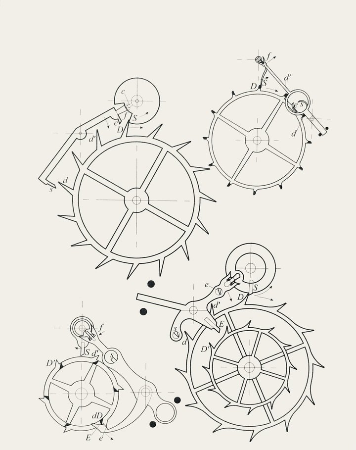 Four direct-impulse detached escapements (clockwise from top left): 1. Robert Robin, 2. Antoine Tavan, 3. George Daniels' Co-Axial escapement, patented in 1979 and now used in Omega watches, 4. Unknown, similar to Grand Seiko's Dual Impulse Escapement. Page 438.