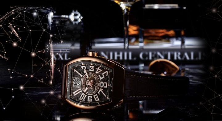 The Franck Muller Vanguard Encrypto's dial includes a laser-etched QR code for a public wallet address that can be used to deposit Bitcoins and check the balance of the account.