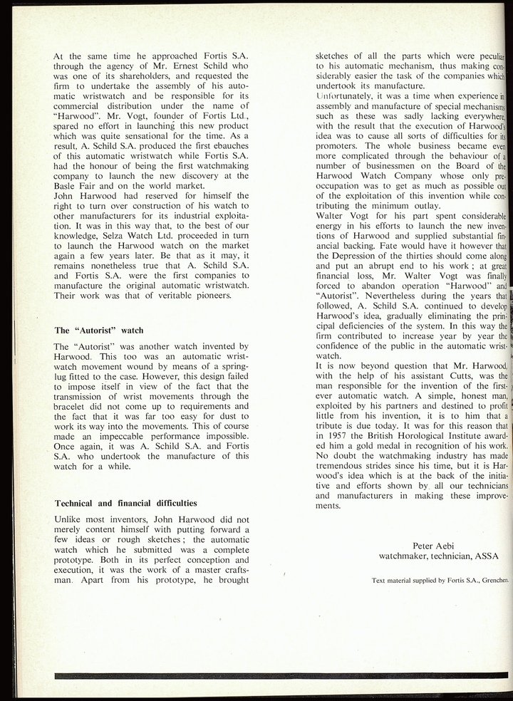 After John Harwood's death, Europa Star published this article, in 1966, that retraces the development of the automatic wristwatch and the launch by Fortis, 40 years earlier in 1926, of the Harwood Automatic.