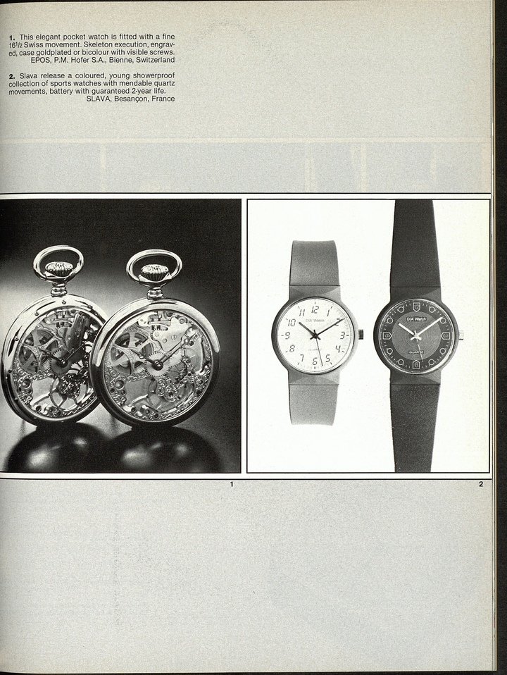 This 1985 archive says it all: an Epos mechanical pocket watch next to other brands' quartz models. During these difficult years for the Swiss watch industry, the company went against the tide and continued to produce mechanical watches.