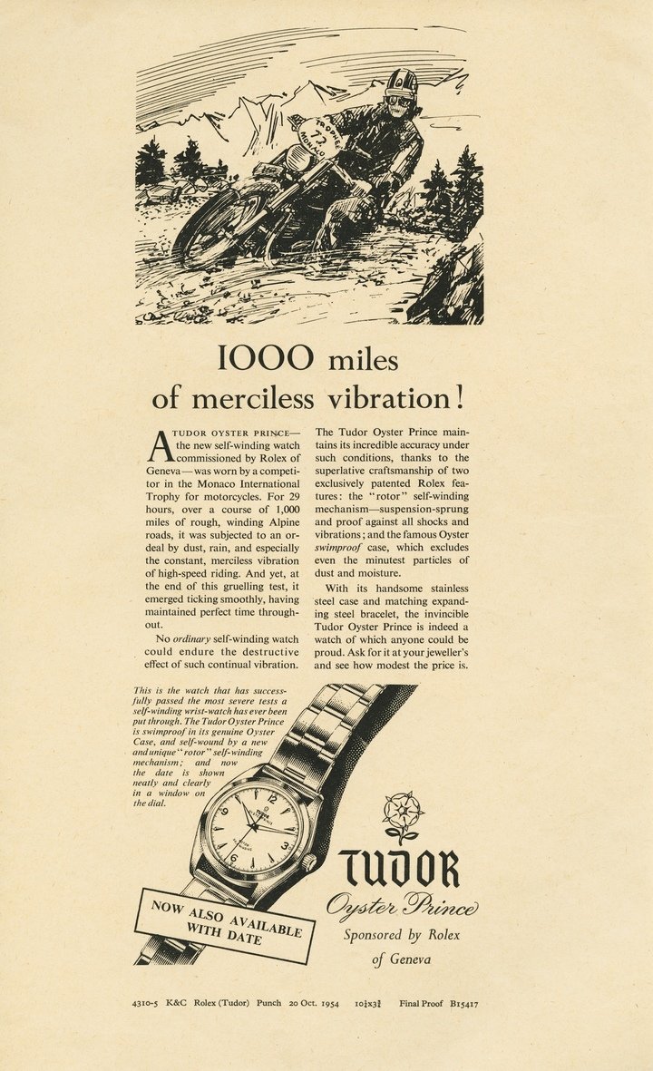Among the “tests” to which the Tudor Oyster Prince was subjected, the Monaco International Trophy transalpine motorcycle rally remains one of the most iconic (1950s campaign).