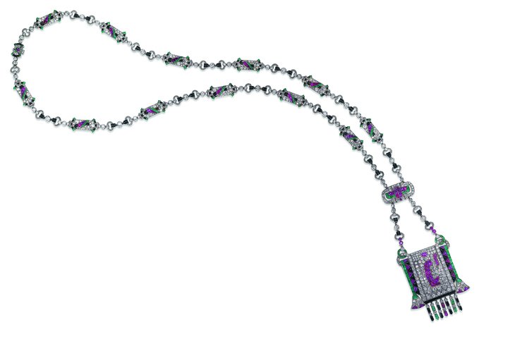 Exceptionally rare multi-gem Egyptian revival sautoir, Van Cleef & Arpels, sold by Christie's Geneva in 2018 for CHF 4,332,500. Old and rose-cut diamonds, rubies, emeralds, onyx, platinum and gold (French marks), 1924.