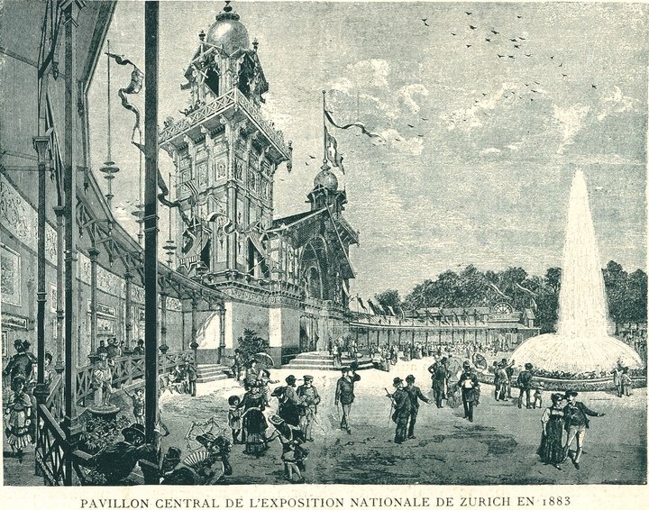 Central Pavilion of the Swiss National Exhibition held in Zurich in 1883, where Tissot celebrated its 30 years of existence. Tissot Archive.