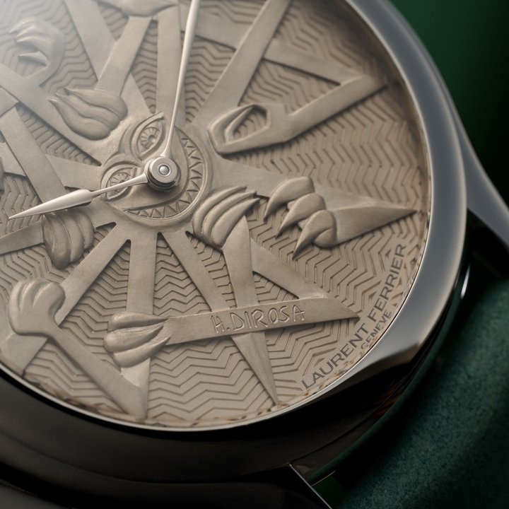 Limited edition Laurent Ferrier & Hervé Di Rosa engraved by Jeanne-Valentine Ulrich. The base of the dial, engraved in a guilloché style, complements the upper plate, the sunburst appliqué, which is much more complex and worked in bas-relief.