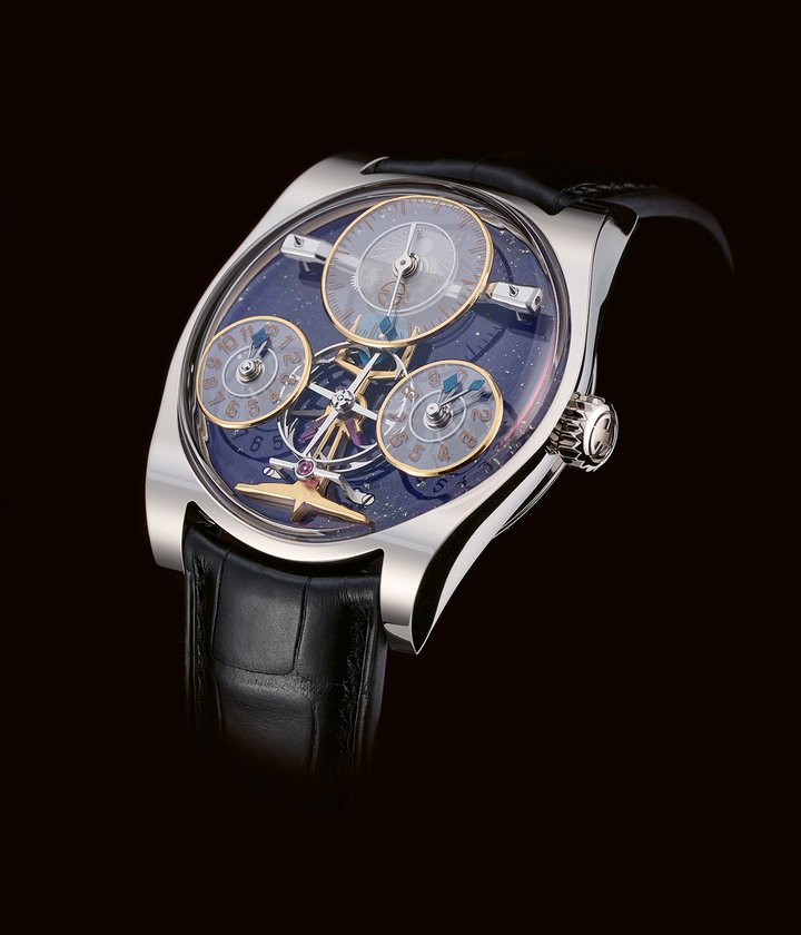 There are currently two models in the Complication One collection: Complication One Aleph, with its multi-level dial whose sapphire discs appear to float in space, and the Complication One Contrast with its dial base in onyx, other hard stones, or ceramic. Both are powered by the Manufacture EB63E calibre, a manual-winding mechanical movement composed of 339 parts, developed exclusively for these timepieces and entirely made at Emmanuel Bouchet's workshop.