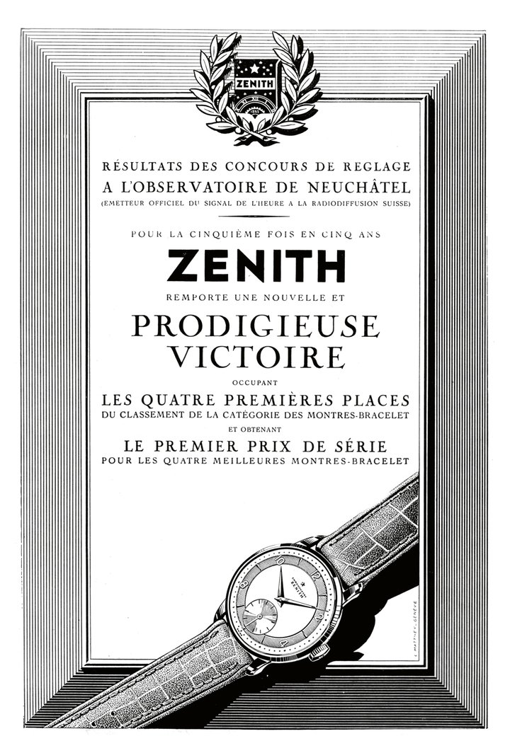 1954: Success at the Geneva and Neuchâtel Observatories' precision competitions became an important promotional tool. Here, Zenith celebrates a “new and prodigious victory” in Neuchâtel, marking their fifth win in a row.