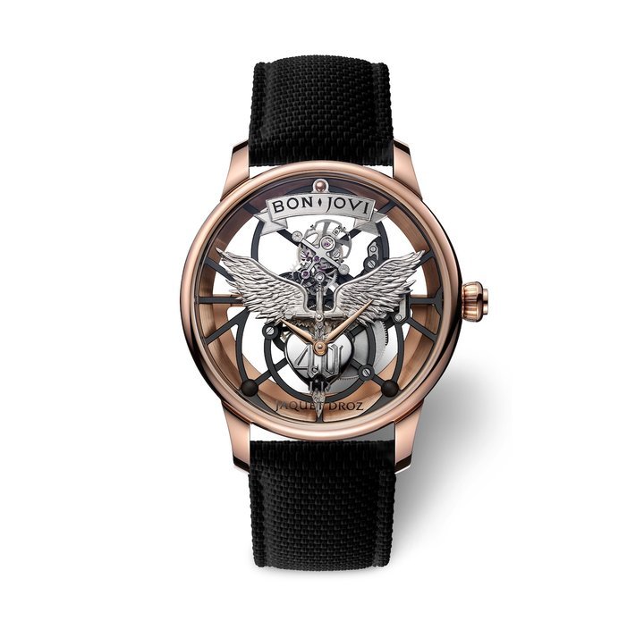 The Tourbillon Skelet Red Gold – Bon Jovi is a one-off piece, hand-made to the singer's personal specifications. A self-winding skeletonised tourbillon with an 8-day power reserve, it displays the logo celebrating his group's 40th anniversary, hand-engraved in a block of solid gold.