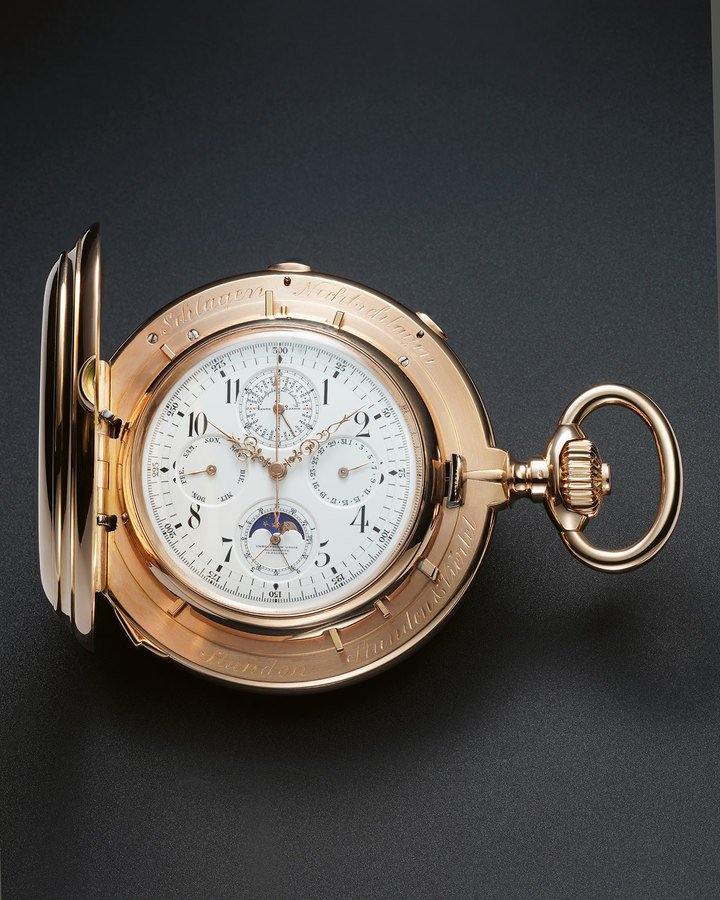 Uhrenfabrik Union Glashütte in Sachsen, no. 44502, ca. 1902. A grande complication minute repeating grande and petite sonnerie clock watch with split-seconds chronograph, 30-minute register, flying 1/5th second, perpetual calendar and moon phases.