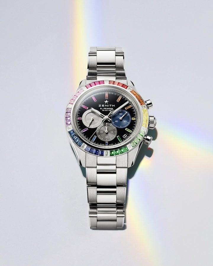 Fitted with the high-frequency El Primero 3600 (5 Hz or 36,000 vibrations per hour), enabling it to display tenths of a second, the Chronomaster Sport has established itself as one of Zenith's flagship models. Made in 18-carat white gold, this luxurious, colourful iteration of the Rainbow echoes the rose-gold model unveiled last year, adorned with baguette-cut diamonds, spinels and sapphires.