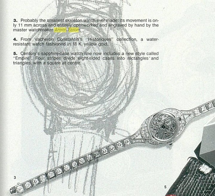 A miniature skeleton watch by Mr. Armin Strom featured in 1990 in Europa Star.