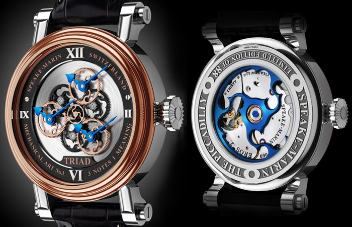 Front & back of Speake-Marin's Triad timepiece.