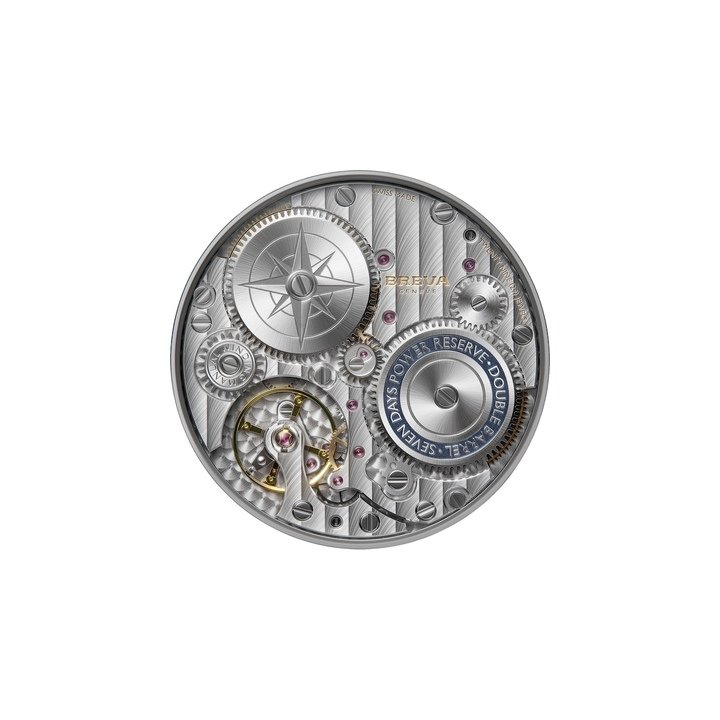 For this first model, a double barrel movement with an exceptional power reserve of seven days was created by Jean-François Mojon and the Chronode manufacture.