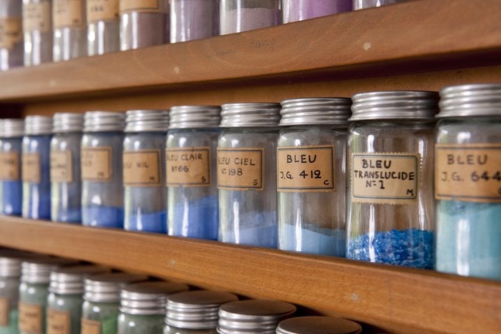 Jars of coloured metallic oxides used for enamelling