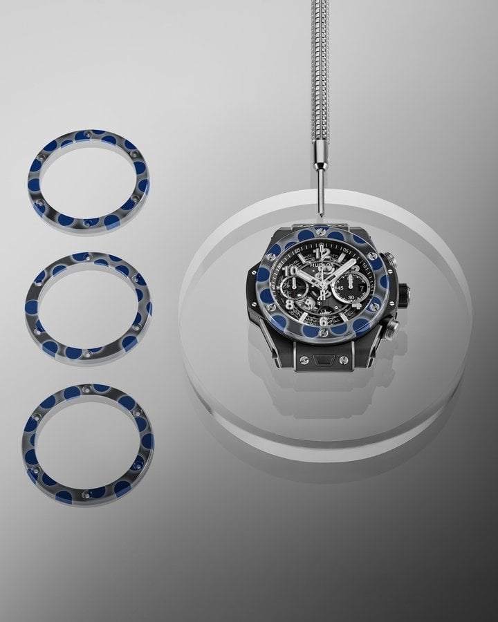 This year, Hublot presented an innovation that took several years to develop: the multicoloured ceramic watch dubbed ‘Magic Ceramic'. The dark-grey ceramic bezel of the Big Bang Unico Magic Ceramic is covered with circles of an intense blue arranged in an organic and seemingly random pattern.