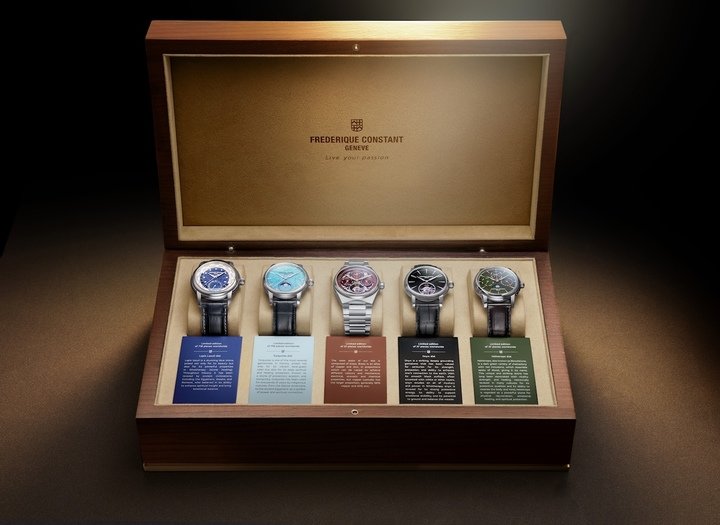 In 2025, to mark its 37th anniversary, Frédérique Constant has designed its first ever box set, limited to just 37 pieces. It contains only Manufacture pieces, all in strictly limited editions. Together, they embody the quintessence of what the company has to offer today to its most discerning collectors. The theme for this year is minerals. Lapis lazuli, turquoise, heliotrope and onyx take centre stage, complemented by a Perpetual Calendar Tourbillon with a burgundy dial, largely openworked to reveal the mineral nature of the movement. From the worldtimer to the perpetual calendar and moon phase, this box set of five watches has been named ‘The Elements Collection'.