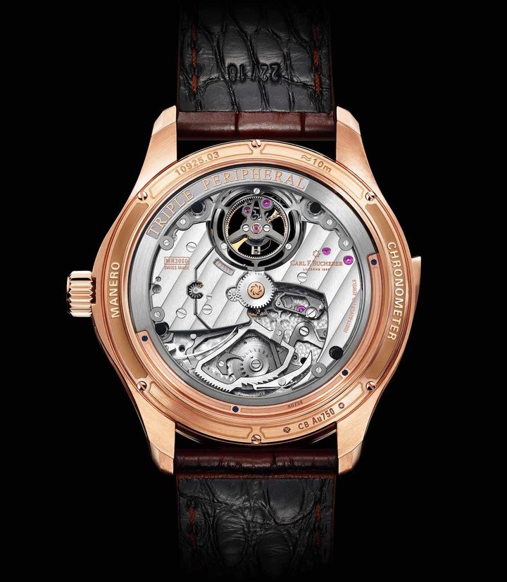 The elaborately finished and COSC-certified Manufacture Calibre MR3000 has a power reserve of 65 hours. 