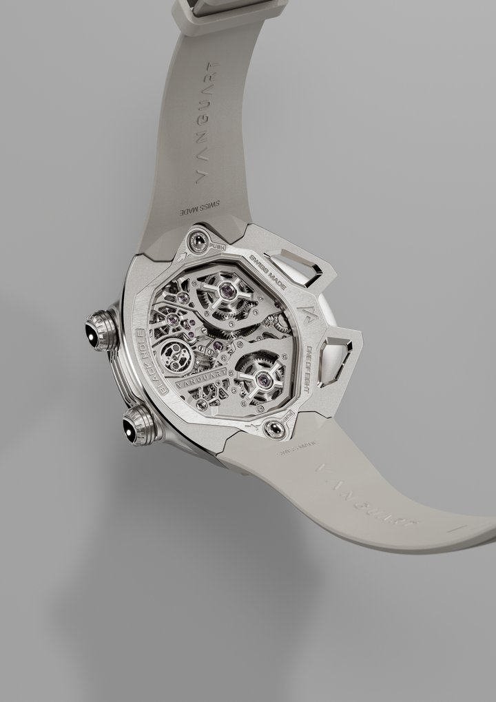 The Black Hole's Grade 5 titanium movement features an in-house developed levitating flying tourbillon; time-setting is operated via a high-precision joystick.