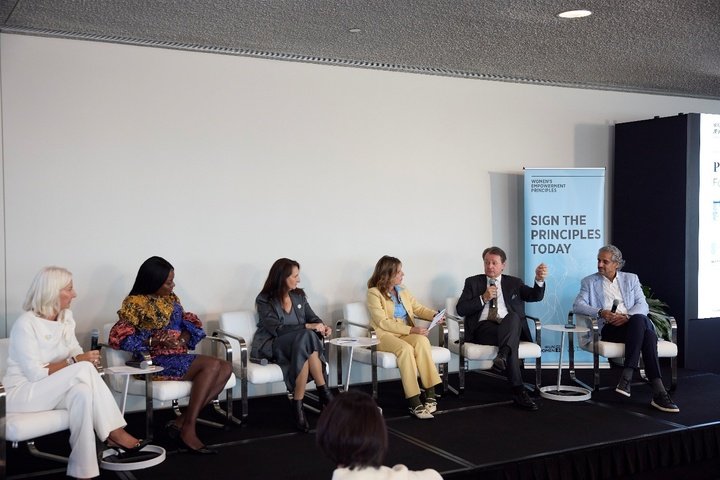 WJI 2030 Leadership Summit at UN General Assembly 2024 addressing critical issues of Women Empowerment Principles. From the left: Iris Van der Veken (Executive Director & Secretary Director, WJI 2030), Dr. Anino Emuwa (Founder 100 Women @ Davos), Ilaria Resta (CEO, Audemars Piguet), Antonella Centra (Executive VP General Counsel, Gucci), Alexander Lacik (CEO, Pandora), Raj Mehta (Director, Rosy Blue).