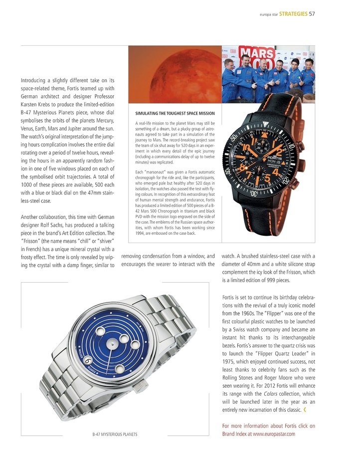 This article on Fortis's centenary in 2012 shows that the brand already had its eye on Mars.