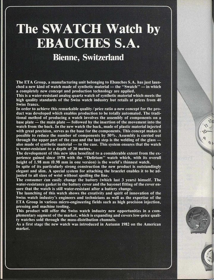 This article, published in November 1982, was the first in Europa Star to detail the radical new Swatch.