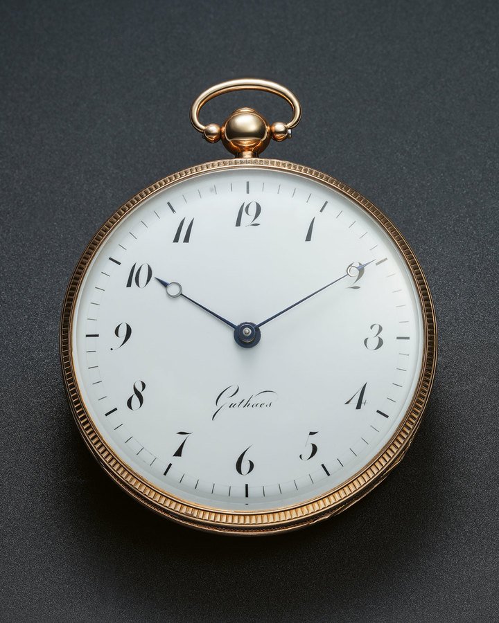 Johan Christian Friedrich Gutkaes (1785-1845), no. 9, ca. 1820. Quarter repeating and quarter striking grande sonnerie clock watch. 20k pink gold case. Ferdinand Adolf Lange's father-in-law, Gutkaes served as clockmaker to the Court of Saxony in Dresden and had a considerable influence on the birth of the Glashütte watch industry.