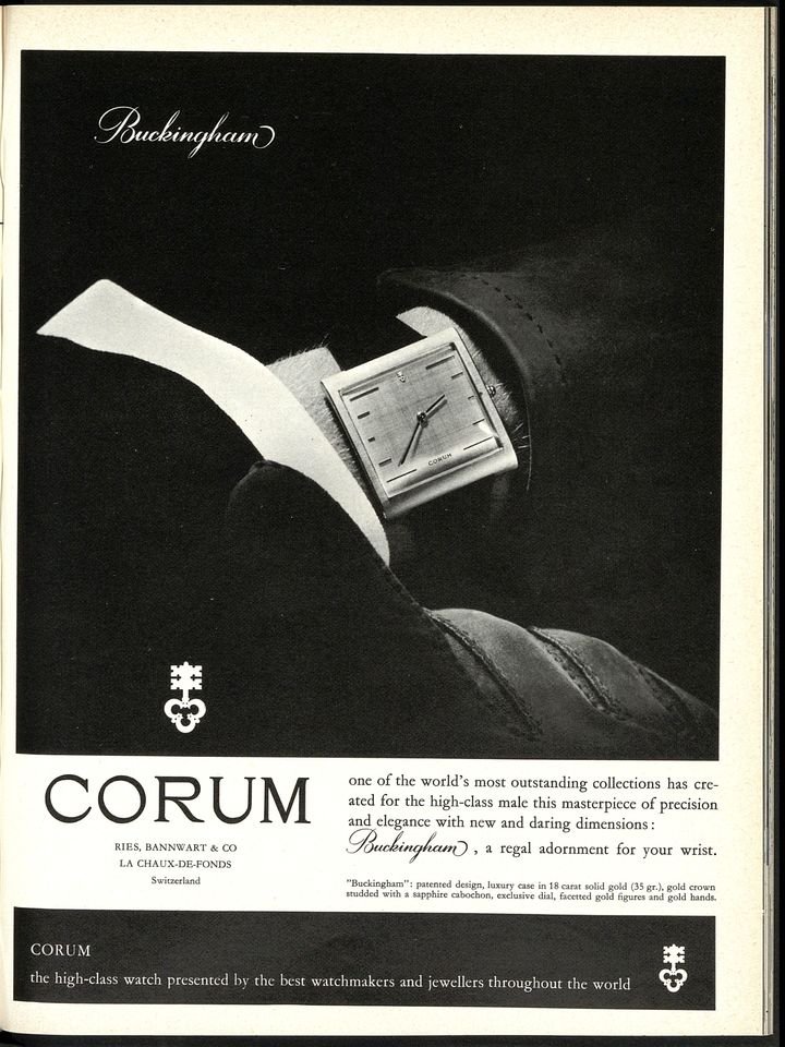Advertisement for the Corum Buckingham - another of the brand's models that left its mark on watchmaking history, and one likely destined for revival within the Heritage collection - published in Europa Star in 1963.