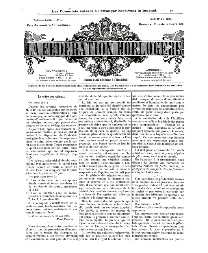 Paul Perret's announcement of Invar balance springs. FH (1898). Perret was able to convince the attendees that Invar balance springs could not only replace the steel springs of the cartel but could also enable simple balance wheels to achieve chronometer-level performance. But the meeting also resulted in a commitment to create the Société Suisse des Spiraux, a factory to produce conventional steel springs.