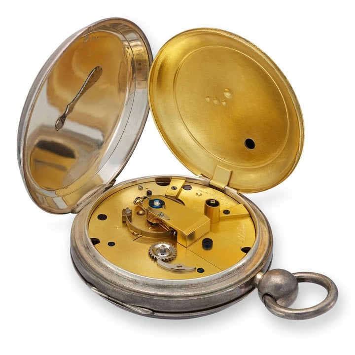 Urban Jürgensen Chronometer 649/35, Earnshaw-type chronometer escapement, bimetallic compensating balance with two wedge-shaped weights and two Mean Time screws. Diamond end stones. Gold cylindrical hairspring.