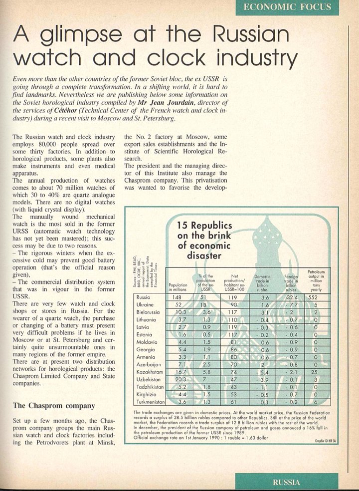 An analysis of the Russian watch market was published in Europa Star in 1992, and the outlook was bleak. Most Soviet factories did not survive the fall of the regime. Raketa is one of the rare exceptions. 