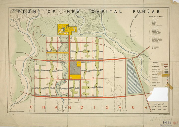 Plan of La Chaux-de-Fonds, drawn by Le Corbusier while a student, 1913. Le Corbusier's master plan for Chandigarh, 1951.