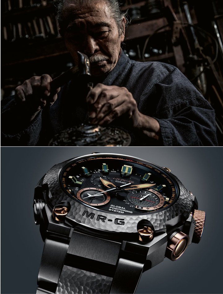 One of the most striking examples of this fusion of cutting-edge technology and traditional craftsmanship is the MRG-G2000HT, launched in 2017. In addition to Bluetooth connectivity, GPS Hybrid Wave Ceptor assures accurate timekeeping anywhere in the world. Technology aside, the bezel as well as the central links of the bracelet are the work of Bihou Asano, a master craftsman in Kyoto whose family has preserved the ancient tsuiki technique of hammering a pattern into armour and other metal objects. Here, the forged titanium is hammered with a design known as kasumi-tsuchime, hardened, then finished with a diamond-like carbon coating in a rich “Japan blue”.