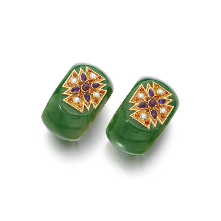 Verdura pair of nephrite and gem set cuffs Maltese Cross cuff