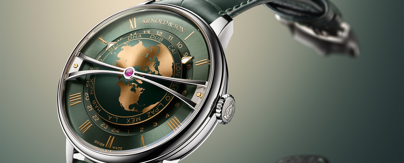 Arnold & Son presents the Globetrotter 42 Steel in Strand Blue & Greenwich Green