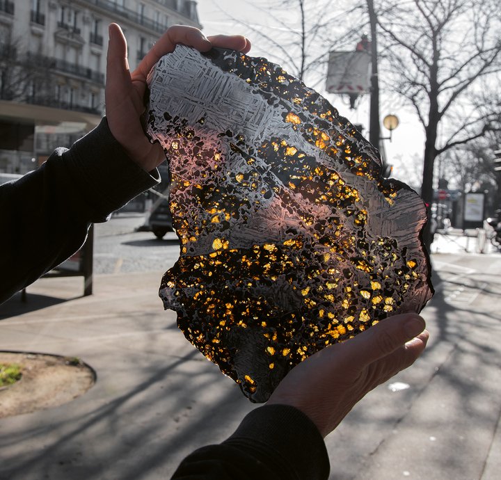 The Pallasite Seymchan meteorite: a very large slice with the “Widmanstätten pattern” revealed. (Photo Buonomo & Cometti)