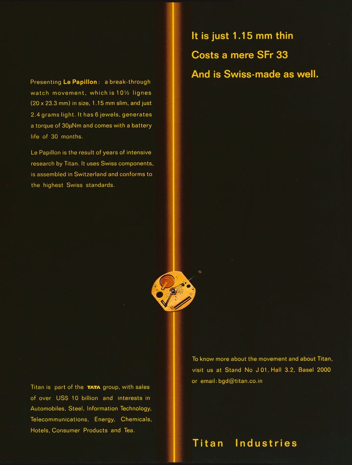 In 2000, Titan Industries announced in Europa Star the release of its 1.15 mm quartz movement, dubbed “Le Papillon” and Swiss-made.