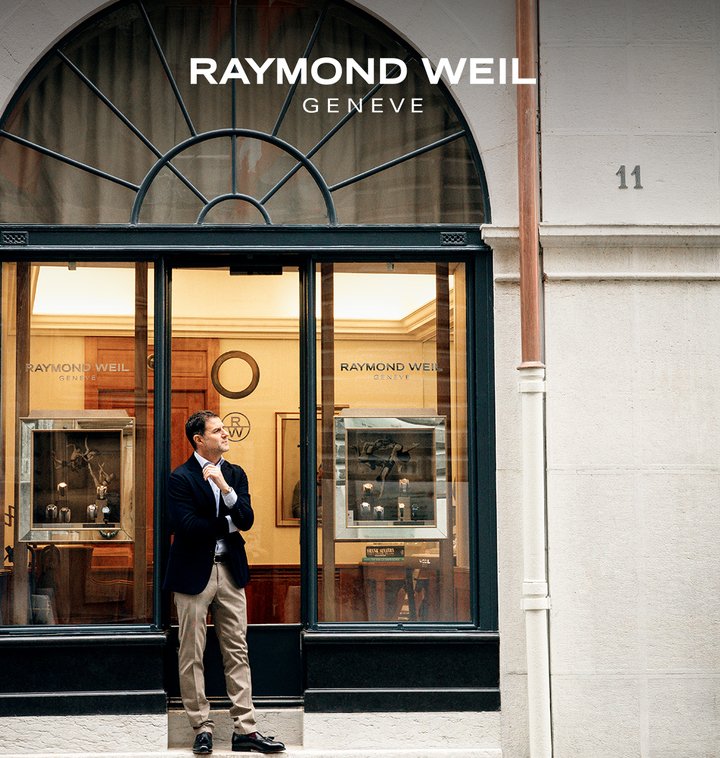 To mark its 50th anniversary, Raymond Weil has also just opened a boutique in Geneva's Old Town. Here, Elie Bernheim stands in front of number 11 Rue de l'Hôtel-de-Ville.