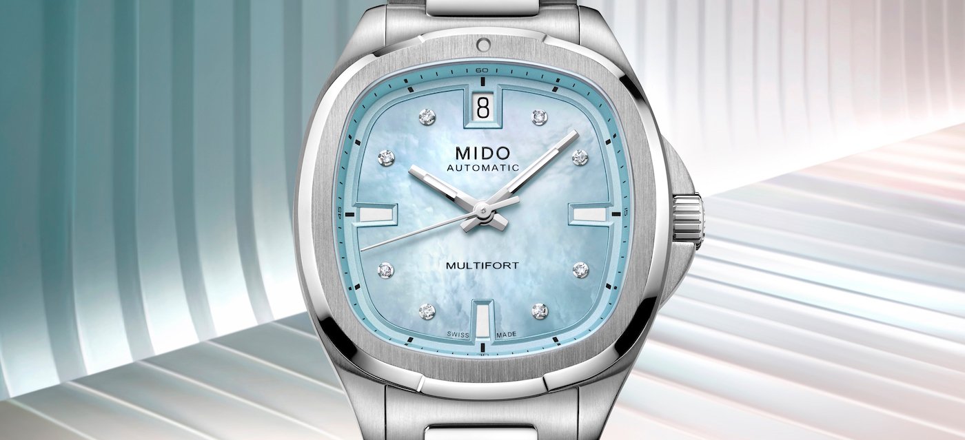 Mido Multifort TV 35 with blue mother of pearl and diamonds