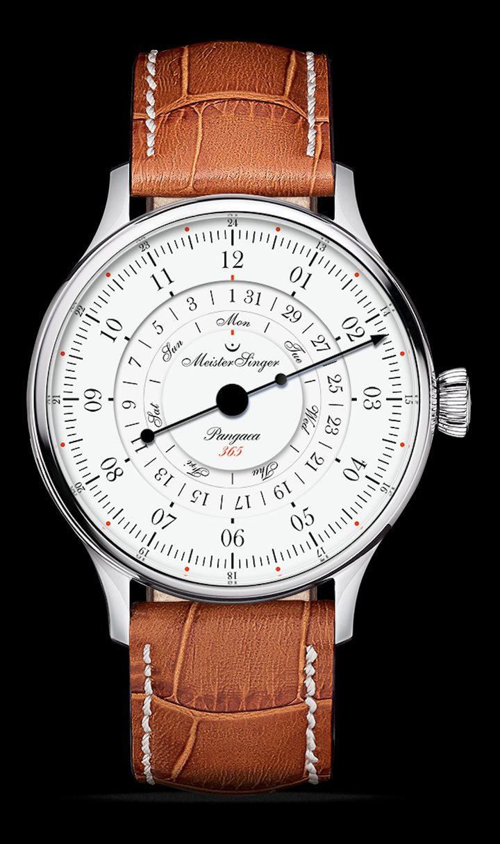 The MeisterSinger Pangaea Day Date 365 indicates the time, with its single hand, as well as the weekday and the date