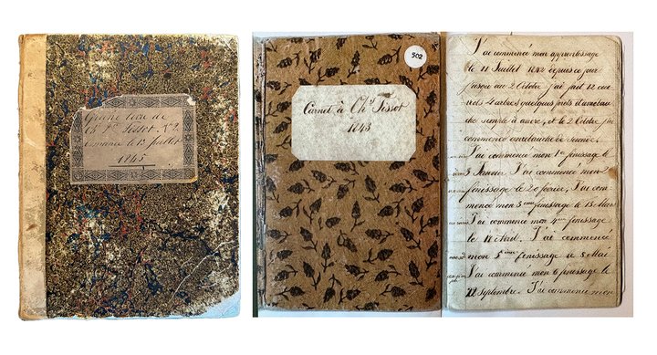 Charles-Félicien Tissot's accounts book from 1845 and his son Charles-Emile Tissot's apprenticeship book from 1843. Luc Tissot archives