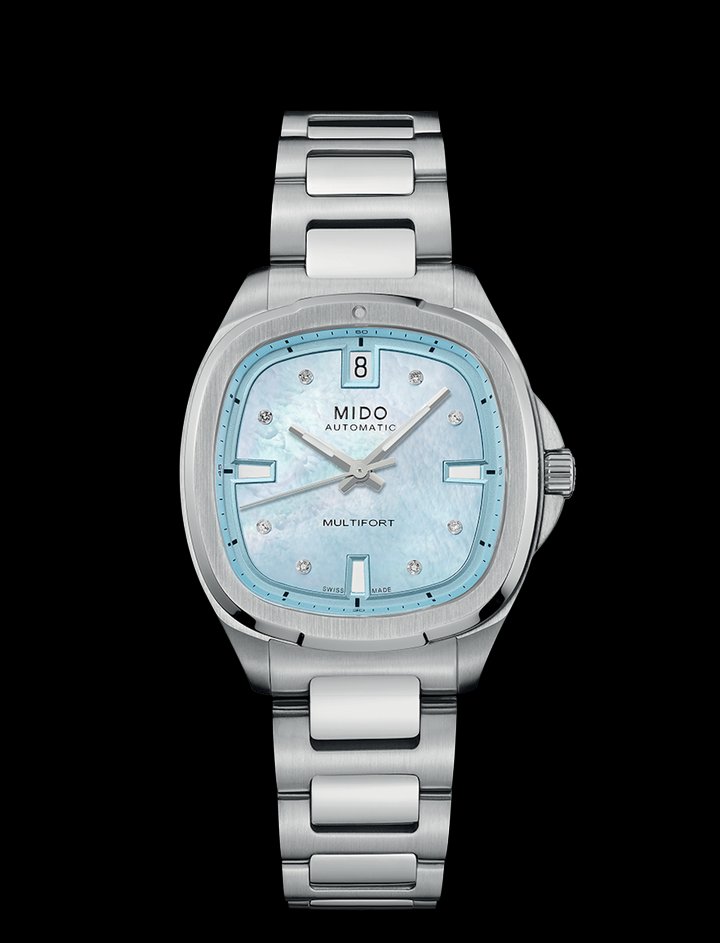 Mido Multifort TV 35 with blue mother of pearl and diamonds