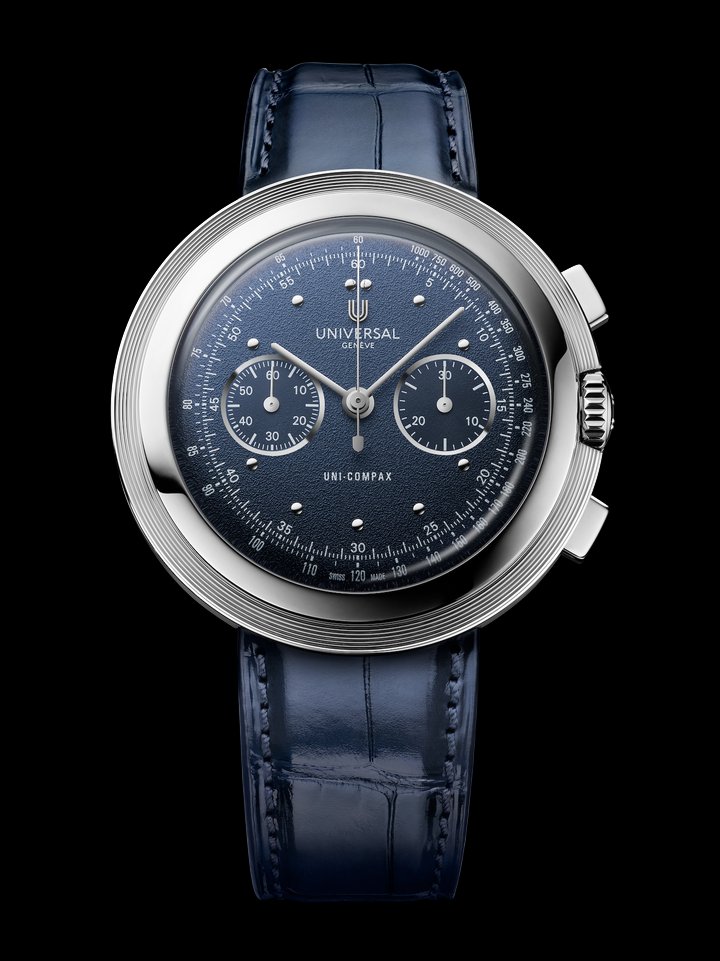 The Disco Volante Signature edition revisits the distinctive profile of the Uni-Compax chronograph through a lugless stepped case with a polished inner bezel, engraved concentric decoration on the outer ring, a grained dial with the two-counter chronograph display and tachymeter scale.